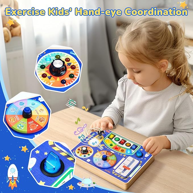 JoyCat Busy Board with Led Light, Toddler Toys for 1 2 3 4 Year Old Boys and Girls, Wooden Sensory Toys with Music, Travel Toy for Toddlers 1-3, Birthday Presents (Blue)