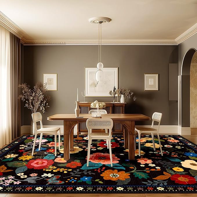 Floral 9x12 Area Rug Machine Washable Soft Print Boho Carpet Non Slip Doormat Low Pile Flower Area Rugs for Living Room Bedroom Nursery Kitchen Dining Room Indoor-Black
