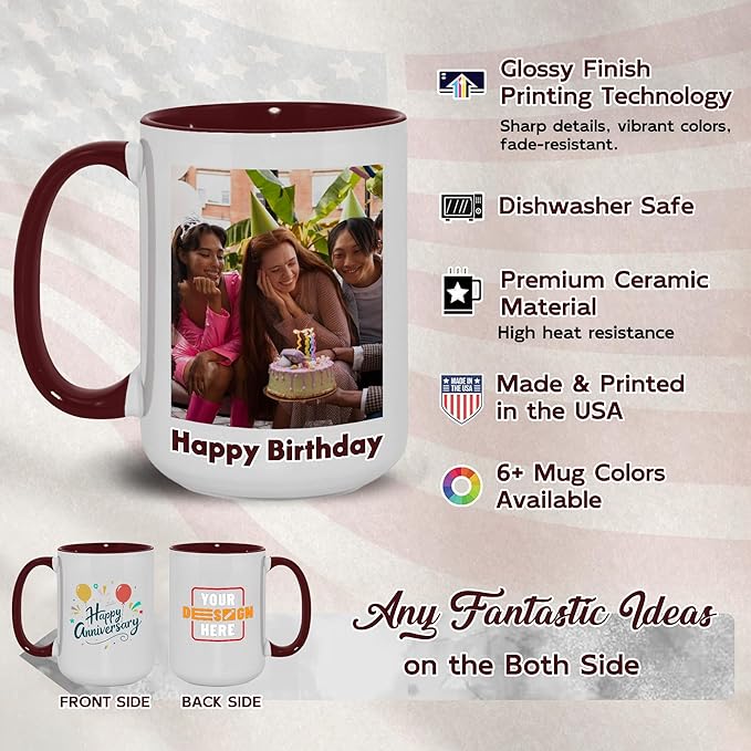 Custom Mug Upload Your Picture Personalized Coffee Mug with Photo Text Name Customized Cup Unique Ideas Gifts for Men Women Mom Dad Girlfriend Boyfriend Friend Family (Dark Red, 15oz)