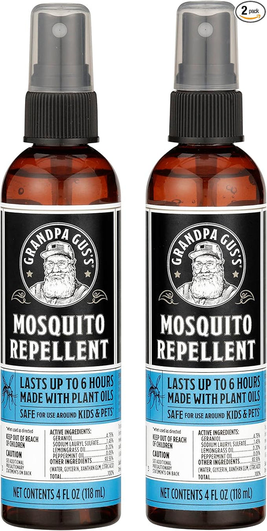 Grandpa Gus's Natural Mosquito Repellent Spray, Time-Release Plant-Based Actives, Non-Greasy, No Stains, DEET-Free, 4 oz (Pack of 2)