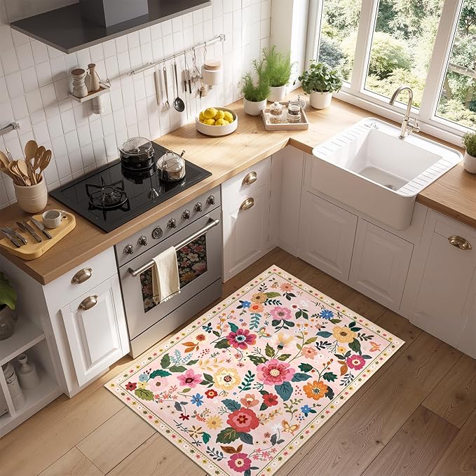 Floral 2x3 Area Rug Machine Washable Soft Print Boho Carpet Non Slip Doormat Low Pile Flower Area Rugs for Living Room Bedroom Nursery Kitchen Dining Room Indoor-Pink