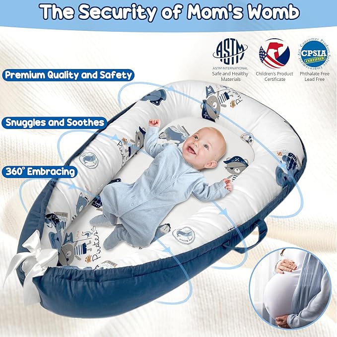 Baby Lounger - Baby Lounger for Newborn 0-24 Months, Breathable, Soft Cotton Baby Nest, Portable Infant Lounger for Home & Travel, Newborn Essentials Gift (Blue Elephant)