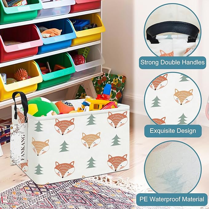 FANKANG Storage Bins, Nursery Hamper Canvas Laundry Basket Foldable with Waterproof PE Coating Large Storage Baskets for Kids Boys and Girls, Office, Bedroom, Clothes,Toys(Rec-Fox ）
