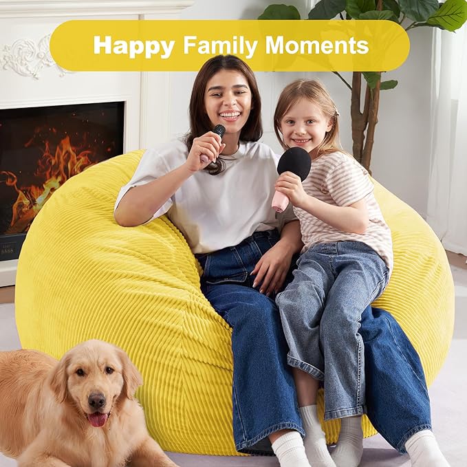 Homguava 3.5FT Bean Bag Chair: Teardrop Bean Bags with Memory Foam Filled, Compact Beanbag Chairs Soft Sofa with Corduroy Cover (Yellow)