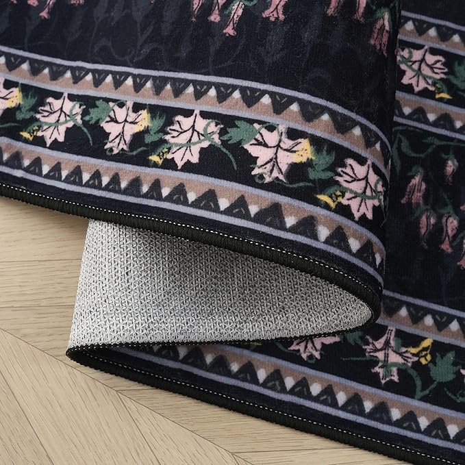 3x5 Washable Rug Impressionist-Style Vintage Non Slip Low Pile Small Carpet for Bedroom Bedside Kitchen Entryway Kids Room Office College Dorm Essentials for Girls, Black