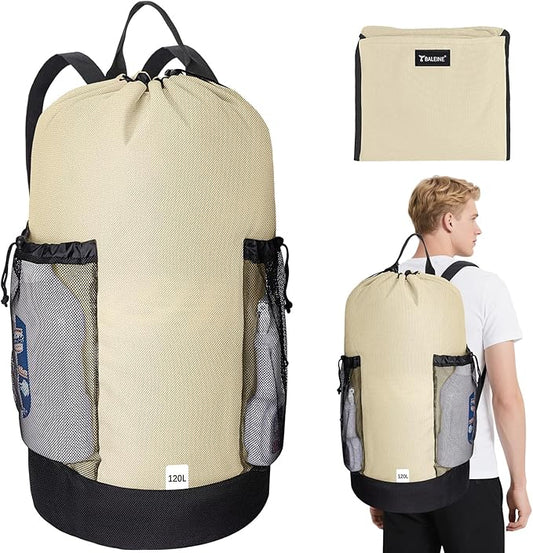 BALEINE 120L Laundry Bag Backpack, 900D Oxford Fabric Large Travel Laundry Bags with Shoulder Straps and 2 Mesh Pockets for College Dorm, Apartment, Laundromat (Beige, 120L)