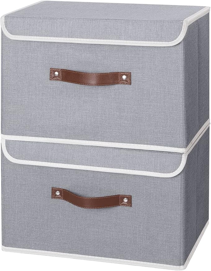 ANMINY 2PCS Storage Bins with Lid PU Leather Handles Storage Boxes PP Plastic Board Decorative Foldable Lidded Cotton Linen Fabric Home Cubes Baskets Closet Organizer Containers - Gray, Large Size