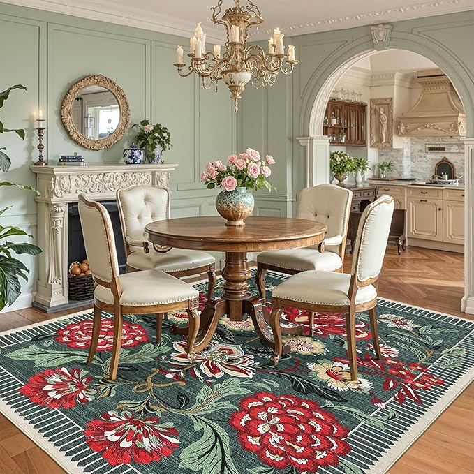 GarveeHome Floral Botanical Washable 9x12 Area Rug for Living Room Soft Grey Green Vintage Boho Cottage Large Rugs Low Pile Carpet for Bedroom Dining Nursery Rug