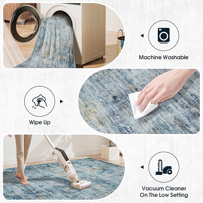 Area Rug 9x12 Washable Rugs: Abstract Large Living Room Rugs with Non-Slip Backing, Thin Carpet for Dining Room Table Bedroom Nursery Indoor Home Office-Blue Brown