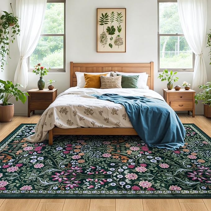 Area Rug Living Room Rugs: Floral 4x6 Washable Rug Vintage Soft Boho Non-Slip Carpet Indoor Floor Stain Resistant Large Carpets for Bedroom Dining Room Farmhouse Nursery Hallway Home Office Dark Green