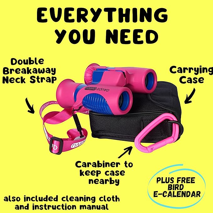 Kids Binoculars 8x21 Pink- Girls Age 3-12, Shock Proof Compact Binoculars for Kids Set- Neck Strap, Compass, Carabiner, Case- High-Resolution Optics Child Gift Toy for Bird Watching, Hiking, Spy