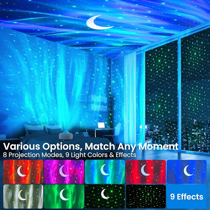 Galaxy Projector with Bluetooth Speaker, Night Light Star Projector for Bedroom, 8 Modes Northern Lights Aurora Projector with Moon, Mood Ambient Lighting for Kids Adults Room, Cord Powered