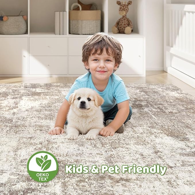 5x7 Area Rugs Living Room: Washable Large Abstract Soft Rug Stain Resistant Indoor Floor Non-Slip Accent Carpet for Women Modern Home Enthusiasts Aged 25-45 - Bedroom Nursery Playroom- Beige Brown