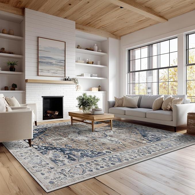 9x12 Area Rug Living Room Rugs, Stain Resistant Washable Rug, Vintage Large Non-Slip Backing, Low Pile Lightweight Print Rug for Bedroom Dinning Room Home Office (Taupe/Blue)