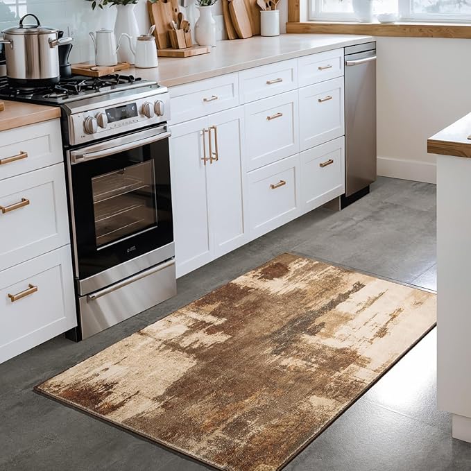 Kelarea 2x3 Brown Entryway Rug, Washable Abstract Small Rugs Non-Slip Low Pile Throw Rugs for Kitchen Floor, Front Door, Bedroom Bedside