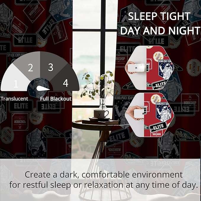 Kids Space Astronaut Blackout Curtains - 100% Blackout, Thermal Insulated, Noise Reducing, Perfect for Kids Room and Nersury, 2 Panels (Space Badge Crew, W52×L84)