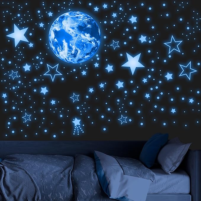 965 PCS Glow in The Dark Stars and Earth for Ceiling, Luminous Stars and Planet Wall Decals, Kids Room Decor, Glowing Galaxy Wall Stickers for Nursery Decorations (Blue)