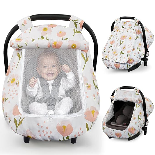Elstey Car Seat Cover Baby, Minky Dot Carseat Covers Baby Girls, Lightweight Infant Car Seat Cover Canopy with 2 Layers Breathable Mesh Windows, Stroller Carrier for Babies Newborn Essentials