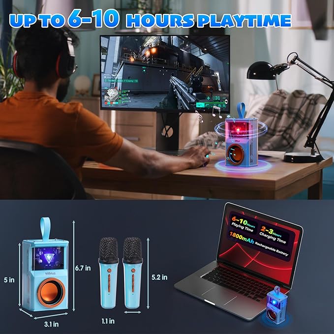 Karaoke Machine for Kids & Adults, Portable Bluetooth Mini Karaoke Speaker with 2 Wireless Microphone and Lights, Birthday Gifts for Girls & Boys, Toys for Girls, Family Home Party (Sky Blue)