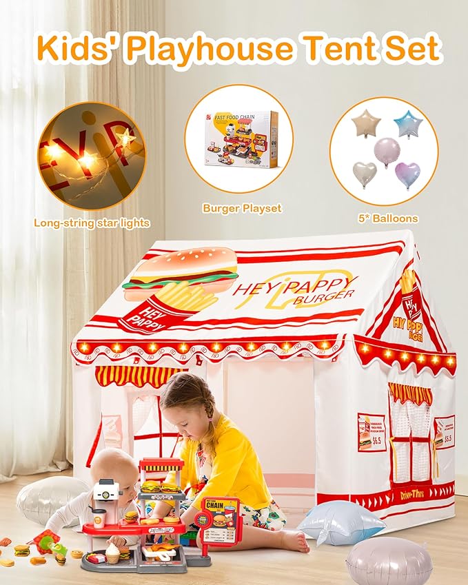 Kids Play Tent, Toddler Tent for Kid Indoor & Outdoor, 48.5"x39.4"x48.5" Playhouse Tent Burger Theme with Complete Toys Set, 3 Window, Lights and Balloons