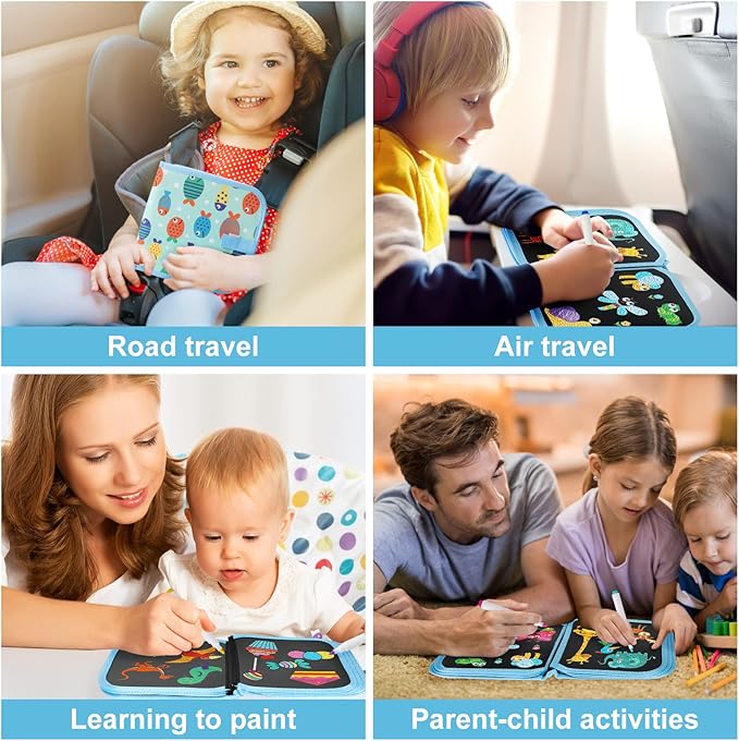 Erasable Doodle Set for Kids - Reusable Magic Drawing Book with 12 Watercolor Pens 14 Page Drawing, Road Trip Car Game Writing Painting Set for Boys and Girls (Fish)