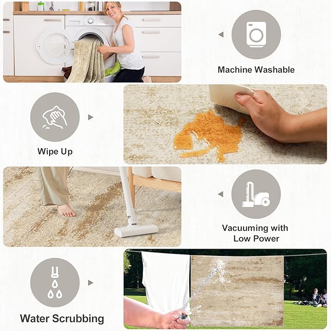 Area Rugs Living Room Rug - 5x7 Washable Modern Abstract Soft Neutral Non-Slip Carpet Large Indoor Floor Stain Resistant Thin Carpets for Bedroom Dining Room Farmhouse Nursery Home Office Beige