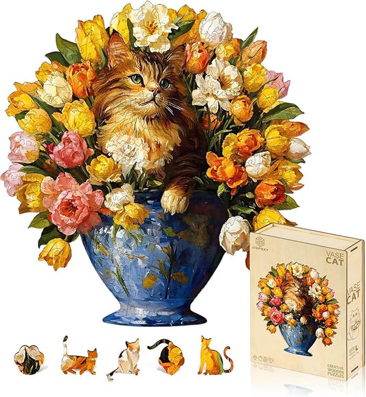 Jigfoxy Wooden Puzzles for Adults, The Vase Cat Wood Puzzles Adult, Unique Animal Shape Wooden Jigsaw Puzzles for Adults, Birthday Gifts for Puzzle Lovers, Family, Friend (S-7.4 * 7.7in-86pcs)