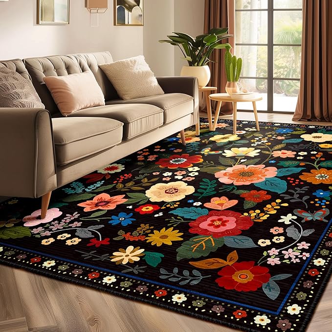 Floral 3x5 Area Rug Machine Washable Soft Print Boho Carpet Non Slip Doormat Low Pile Flower Area Rugs for Living Room Bedroom Nursery Kitchen Dining Room Indoor-Black