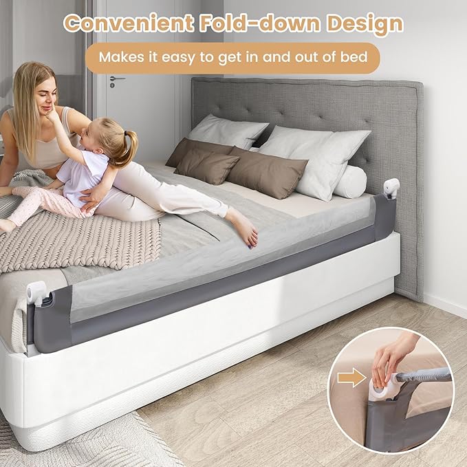 HONEY JOY Bed Rail for Toddlers, Extra Long, Foldable Portable Swing Down Safety Bed Guard Rail, Toddler Bed Rails for Crib, King Queen Full Twin Size Bed Mattress (Light Gray, 2 Pack, 71 Inch)