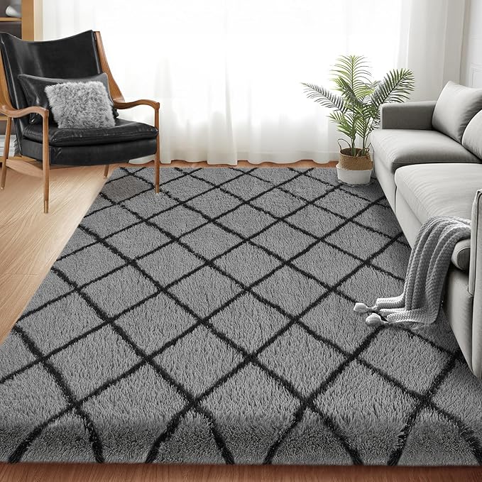 Fluffy Rug for Bedroom, 8X10Feet Stripe Checkered Rug Anti-Skid High Pile for Living Room Bedroom Kids Room Nursery, Dorm Home Decor