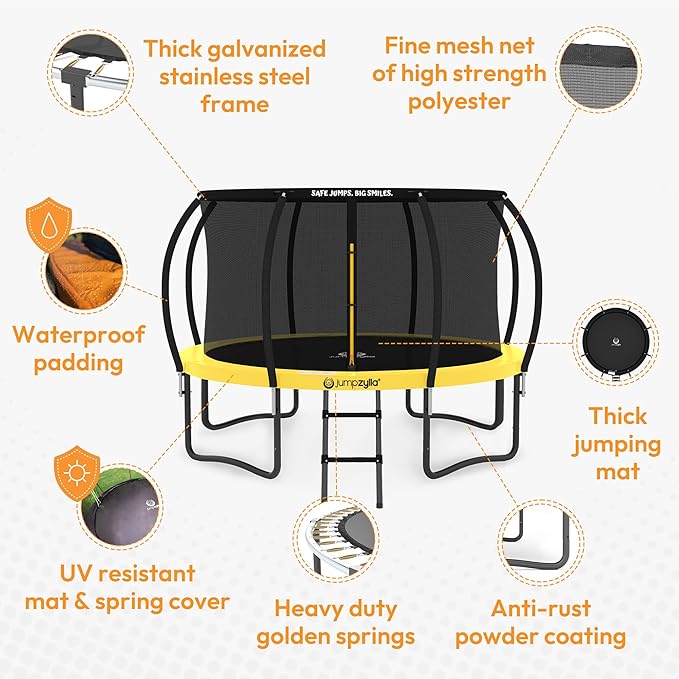 JUMPZYLLA Trampoline Outdoor 8FT 10FT 12FT 14FT 15FT 16FT with Enclosure and Ladder, ASTM Approved Recreational Trampoline for Kids and Adults, Anti-Rust Coated Frame