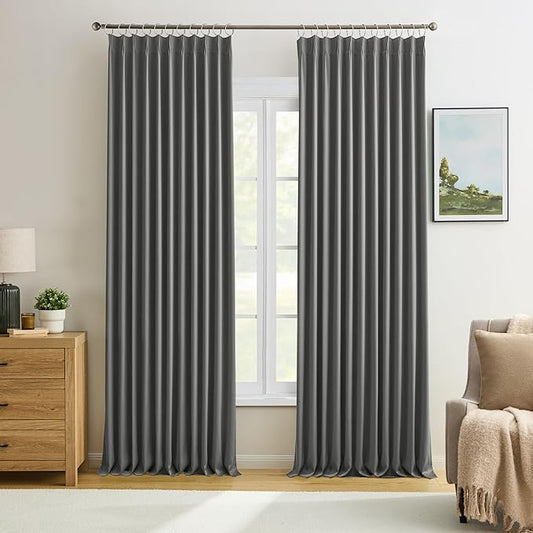 KEQIAOSUOCAI Blackout Pleated Curtains 105 Inches Long, Privacy Window Drapes for Living Room/Dining Room/Bedroom, 72 Inch Wide x 105 Inch Long,Grey Color, Pinch Pleat with Hooks, 2 Panels