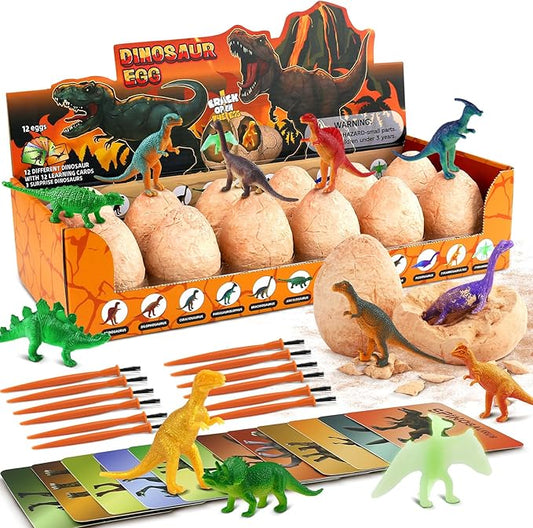 Dino Eggs Excavation Dig Kit-12 Unique Dinosaur Eggs with Educational Learning Cards -Easter Eggs STEM Science Activities - Educational Toy Gift for Kids Boys Girls Age 3+