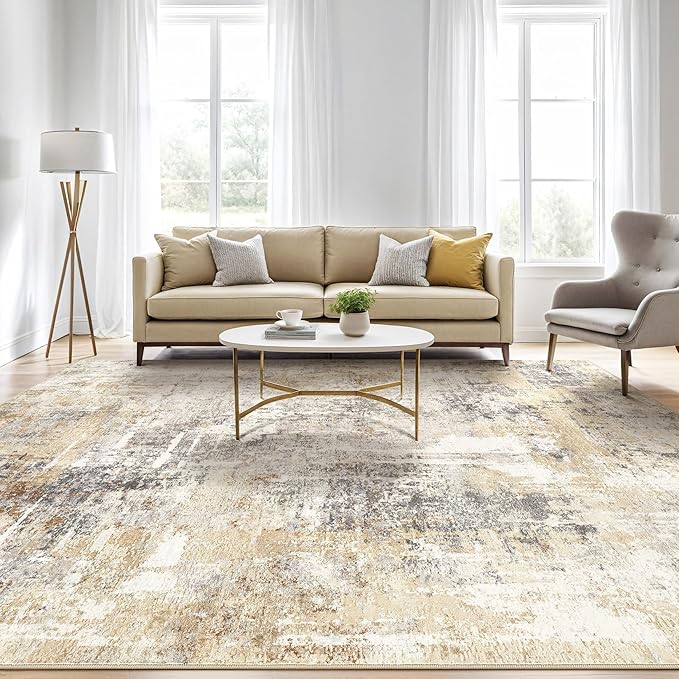 10x14 Area Rugs Living Room: Washable Large Abstract Modern Soft Rug Stain Resistant Indoor Floor Non Slip Accent Carpet for Bedroom Nursery Playroom Office Dining Room Dorm Home House- Gray Gold
