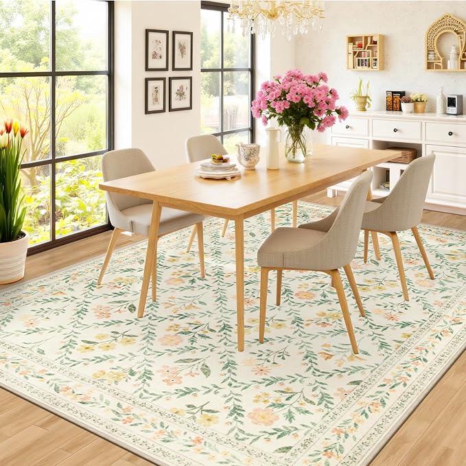 6x9 Area Rugs for Living Room: Floral Washable Rug Vintage Large Soft Boho Non-Slip Carpet Indoor Stain Resistant Thin Carpets for Bedroom Dining Room Farmhouse Nursery Hallway Home Office Beige/Multi