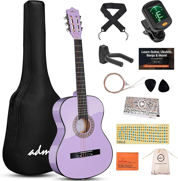 ADM Beginner Acoustic Classical Guitar 38 Inch Nylon Strings Wooden Guitar Bundle Kit for Kid Boy Girl Student Youth Guitarra Online Lessons with Gig Bag, Strap, Tuner, Strings, Purple