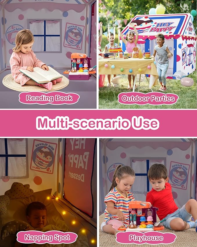 Kids Play Tent, Toddler Tent for Kid Indoor & Outdoor, 48.5"x39.4"x48.5" Playhouse Tent Dessert Theme with Complete Toys Set, 3 Window, Lights and 5 Balloons