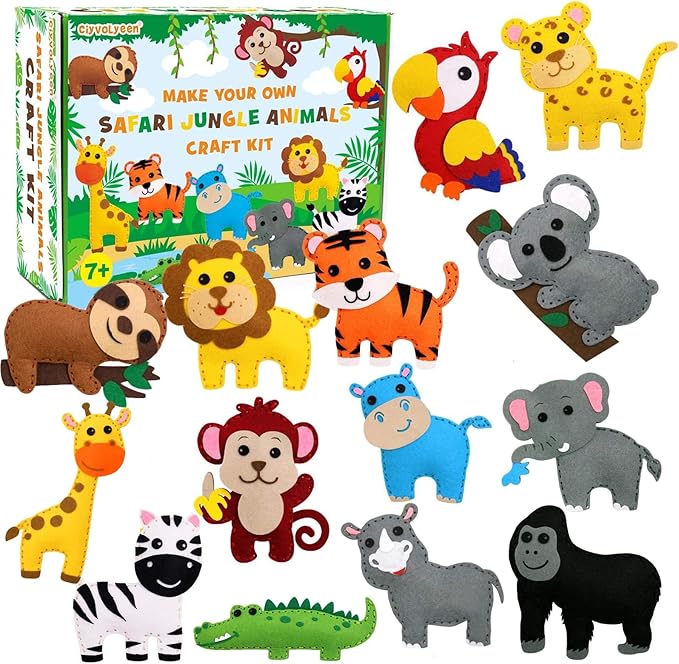 CiyvoLyeen Safari Jungle Animals Sewing Craft Kit DIY Kids Craft and Sew Set for 7 8 9 10 11 12Girls and Boys Educational Beginners Sewing Stuffed Animal Felt Plush Ornaments Set of 14