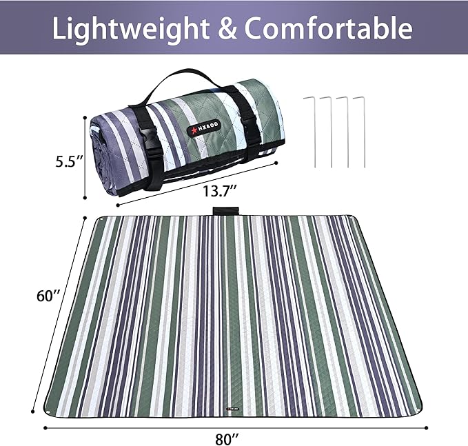 HX&OD Outdoor Picnic Blanket Extra Large, 80''*60'' Waterproof Picnic Mat with Stakes Foldable Camping Blanket Portable with Carry Strap for Beach Mat (Green& White, 80''*60'')