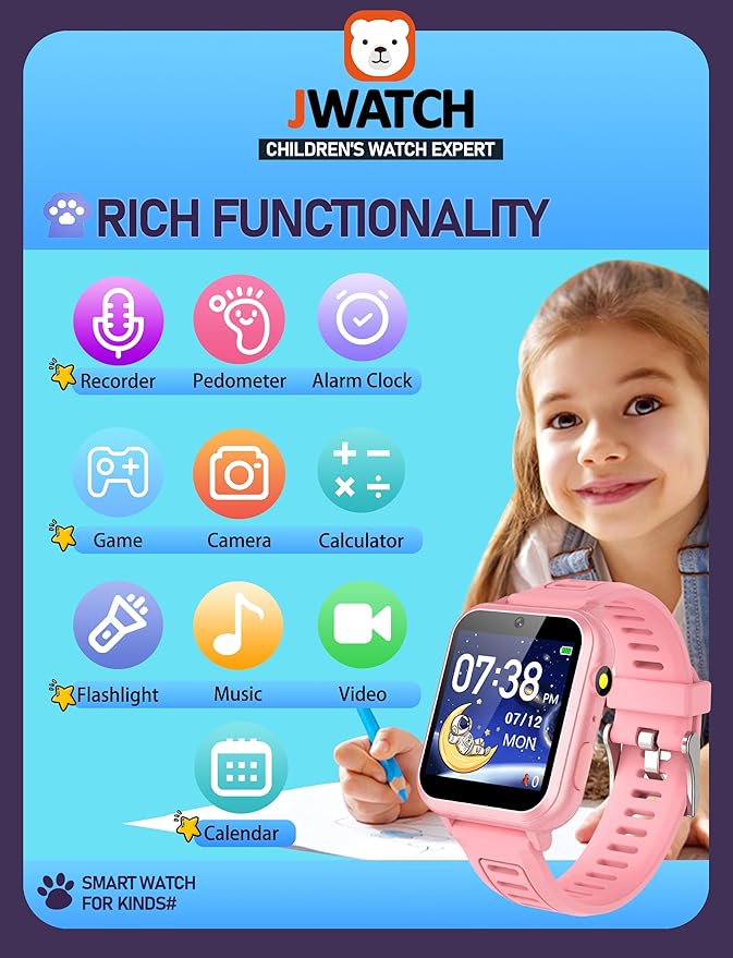 Kids Smart Watch for Boys Girls 6-12 with Pedometer Audio Book Camera Music Player Birthday Present Christmas (Pink