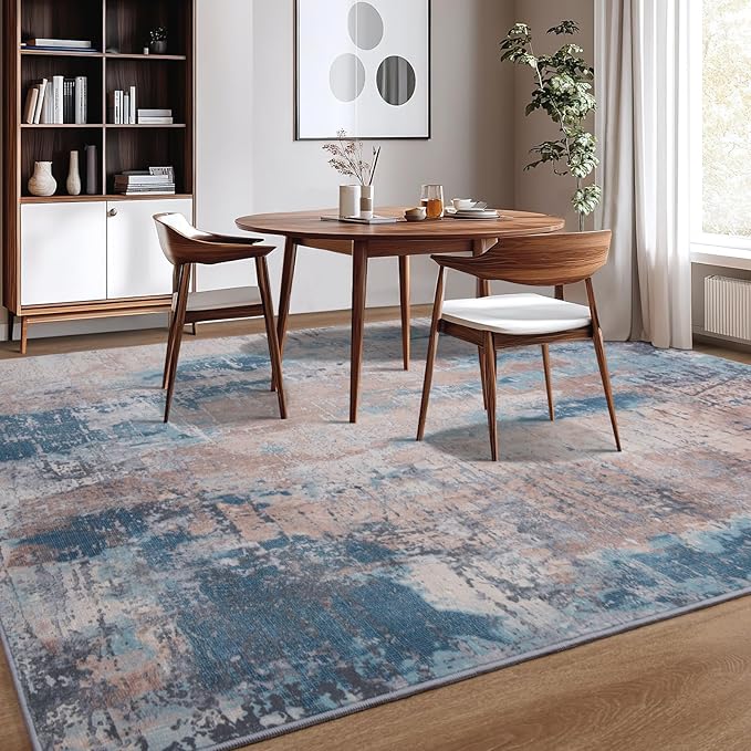 Area Rug Living Room Rug, 4x6 Modern Abstract Washable Rug Beige Blue Non Slip Foldable Faux Wool Vintage Carpet, Fluffy Non-Shedding Rugs for Living Room, Bedroom, Dining Room, Kids Playroom