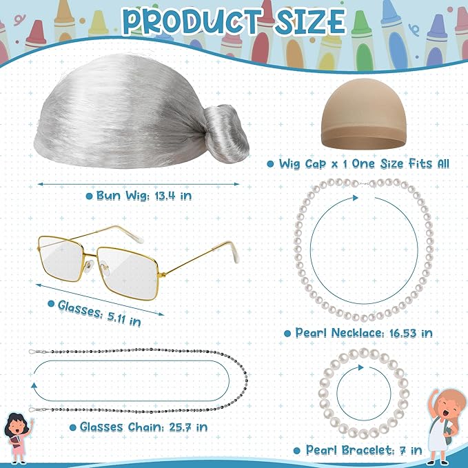 100 Days of School Costume, Old Lady Cosplay Silver Bun Wig Glasses Wig Cap Pearl Necklace Bracelet Accessories for Girls