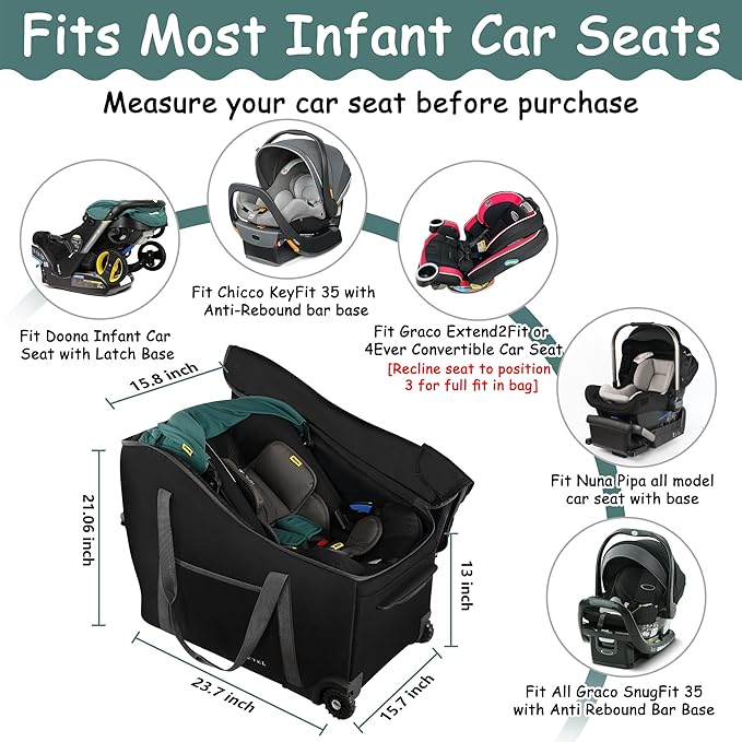 Infant Car Seat Travel Bag Fit Doona Car Seat Stroller and Base, Chicco Keyfit 35 and Base, Doona Travel Bag with Wheels, Padded Car Seat Bags for Air Travel, Nuna Travel Bag with Zipper Pocket