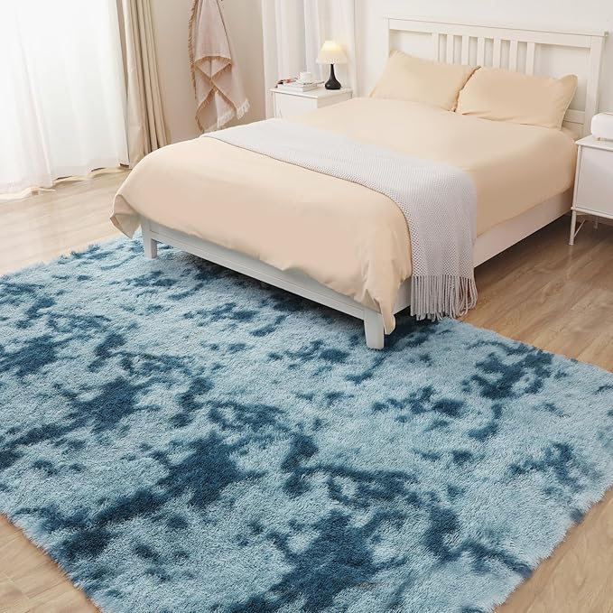 Area Rugs 9x12, Fluffy Rugs for Living Room, Ultra Soft Rugs for Bedroom, Non-Slip Indoor Carpet for Nursery, Kids Room, Playroom, Home Decor, Tie-Dyed Blue