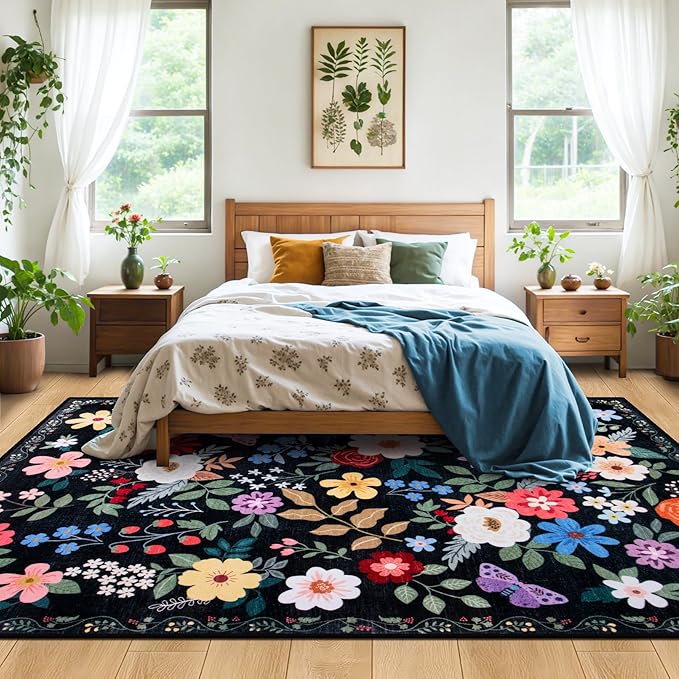 6x9 Area Rugs for Living Room: Floral Washable Rug Vintage Large Soft Boho Non-Slip Carpet Indoor Floor Stain Resistant Thin Carpets for Bedroom Dining Room Farmhouse Nursery Hallway Home Office Black