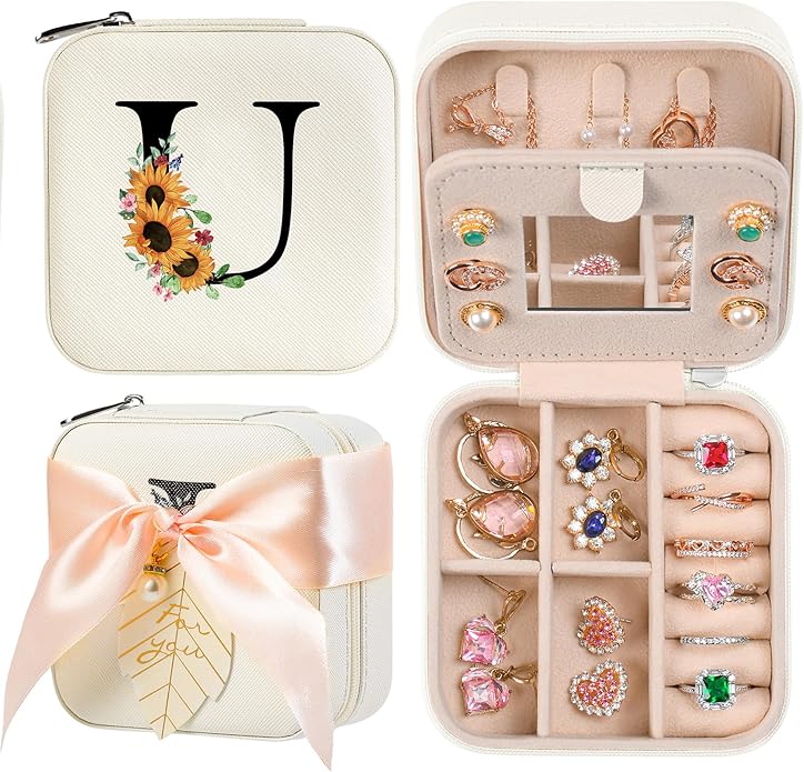 AYGXU Travel Jewelry Box for Women and Girls - Small Case With Initial A-Z - Teacher Gifts