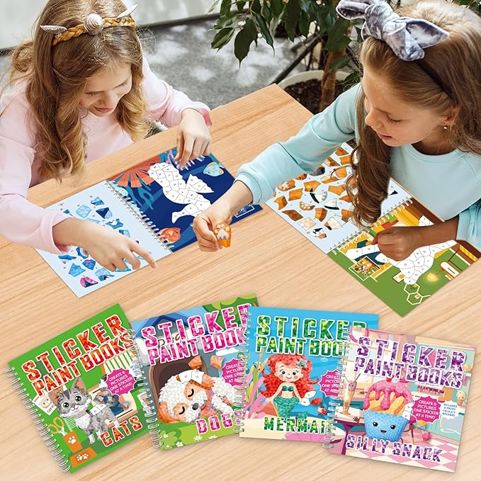 gisgfim 4Pcs Paint by Sticker Books Sticker by Number Books Activity Puzzle Book Craft Art Gift with Mermaid Cat Dog Silly Snack 32 Pictures Sticker by Number Book Set Party Favors