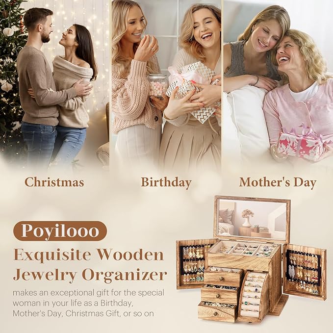 Jewelry Box Organizer, Solid Wood Jewelry Boxes fow Women with Mirror, Double Layer Jewelry Organizer Box Display Earring Necklace Bracelet Ring, Rustic Style Small Jewelry Box for Girls