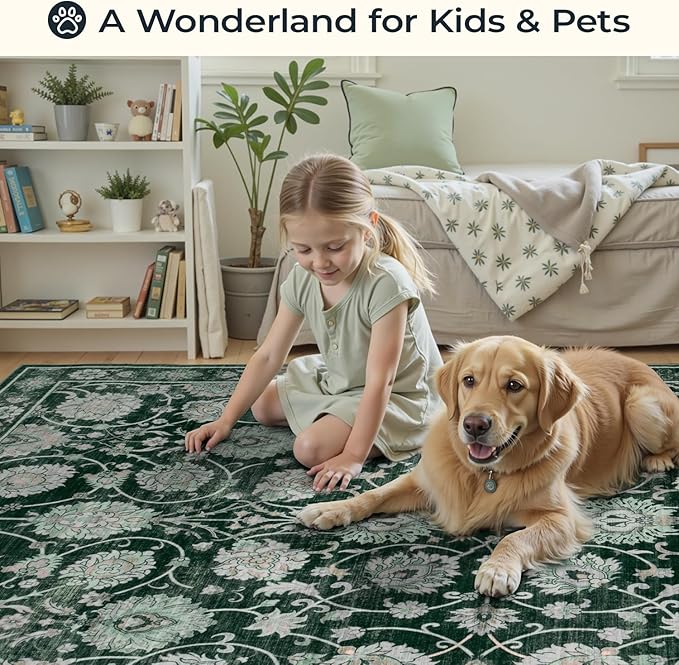 Floral 9x12 Area Rugs for Living Room, Washable Large Rug, Vintage Soft Carpet, Non Slip & Low Pile, Wool Carpets for Indoor Bedroom Dining Home Playroom Office Under Table, Dark Green