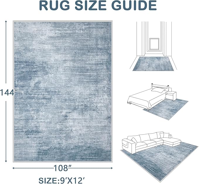 Area Rugs 9x12 Living Room: Washable Rug Modern Abstract Large Rugs Soft Non Slip Neutral Rug Stain Resistant Indoor Carpet for Bedroom Kitchen Dining Room Table Nursery Home Office Rugs(Blue,9'x12')